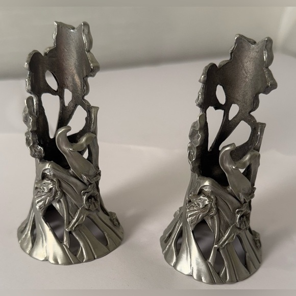 Pr  1990 Seagull Signed Pewter Taper Candle Holder CANDLESTICKS Daffodil Pattern - Picture 2 of 5